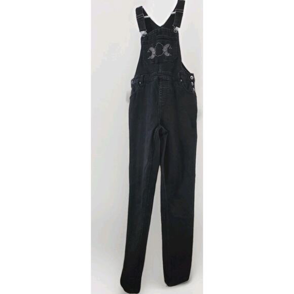 Hot Topic Bib Overalls Womens Small Black Denim 4 Moon Embroidery - Emo Goth - Picture 1 of 7